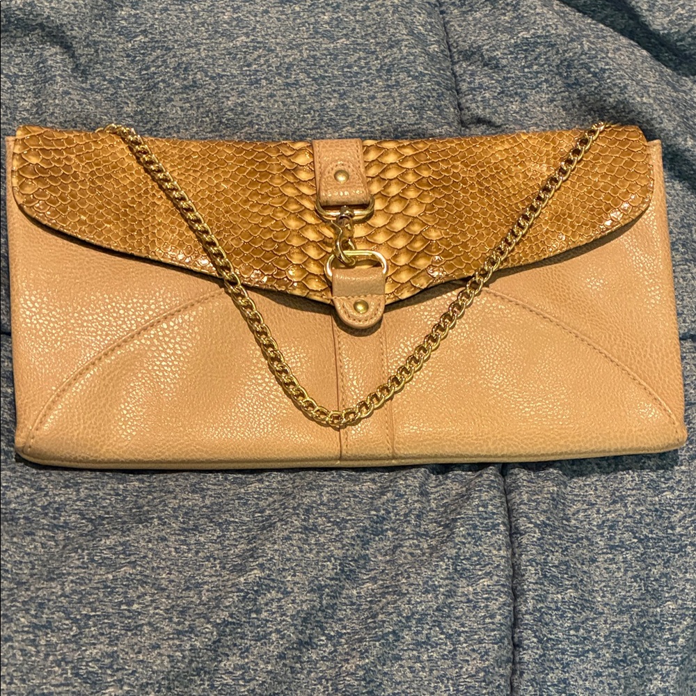 Ethel & Myrtle, Inc. Tan Faux Leather Clutch with Gold Accents and Gold Chain
